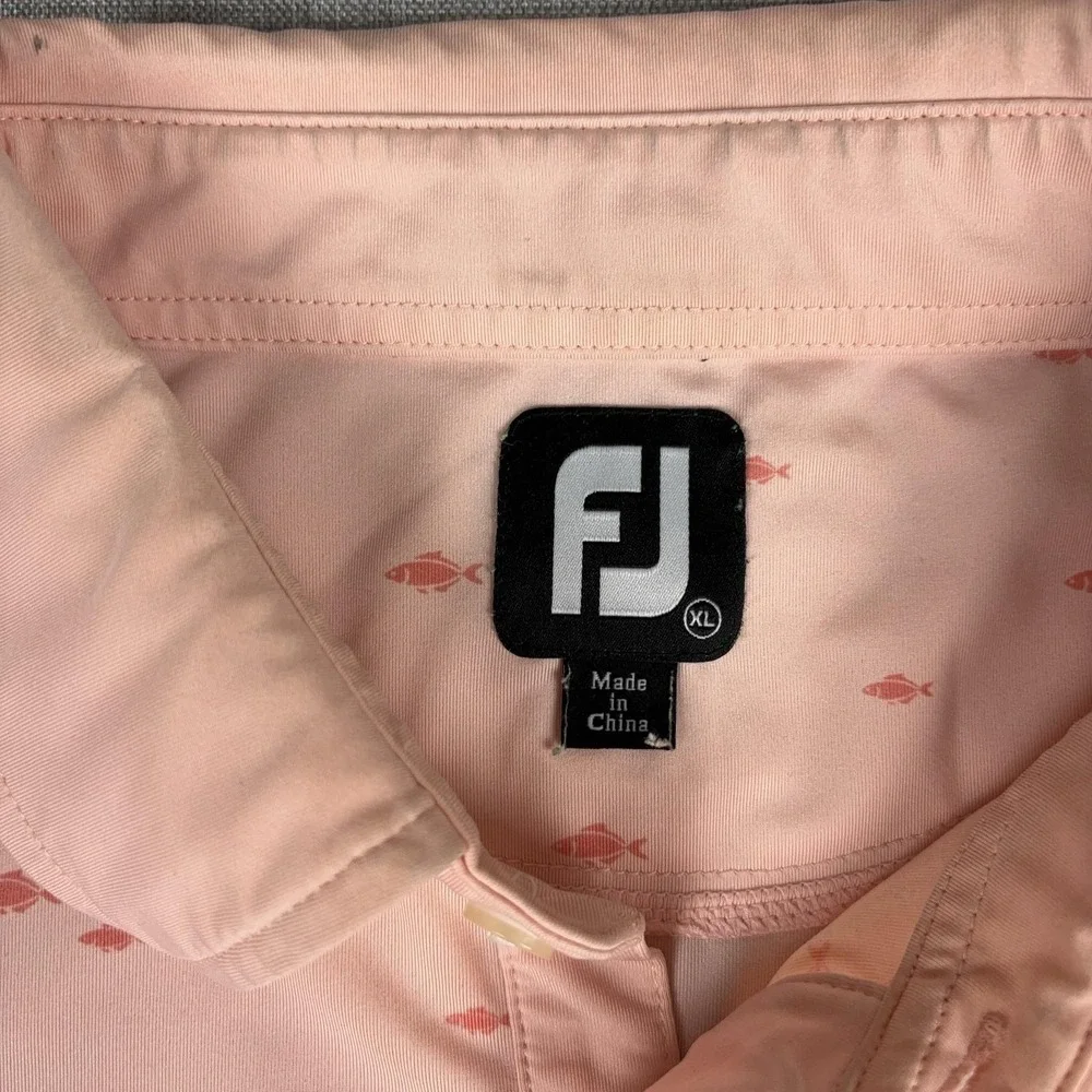 FootJoy Polo Shirt Mens XL Pink Fish Print Stretch Golf Short Sleeve Jersey